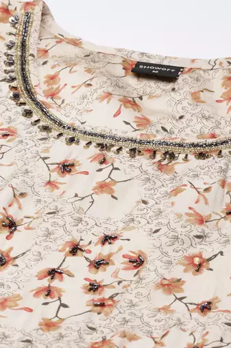 women's round neck floral cream anarkali kurta and trouser with dupatta