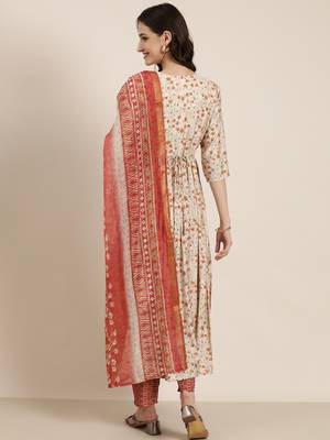 women's round neck floral cream anarkali kurta and trouser with dupatta 4