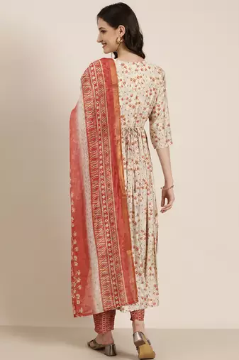 women's round neck floral cream anarkali kurta and trouser with dupatta