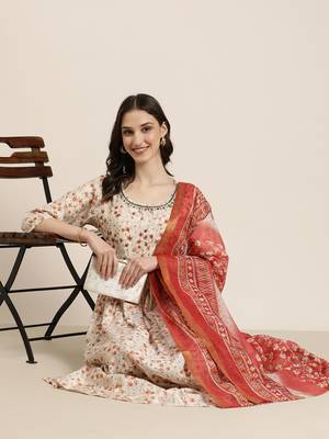 women's round neck floral cream anarkali kurta and trouser with dupatta 5