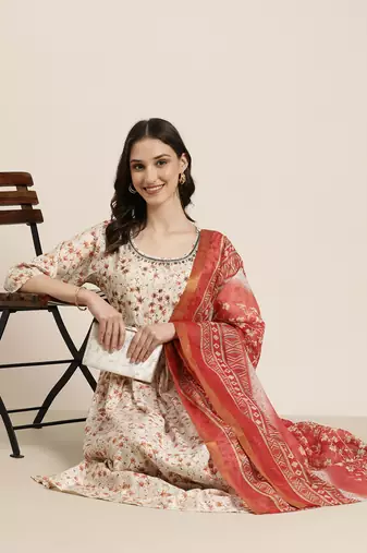 women's round neck floral cream anarkali kurta and trouser with dupatta