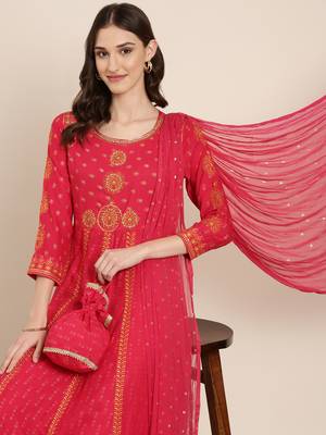women's round neck ethnic motifs foil print coral anarkali kurta and trouser with dupatta 1
