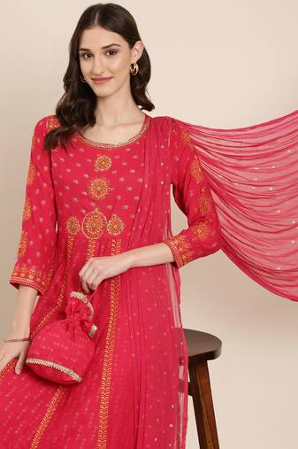 women's round neck ethnic motifs foil print coral anarkali kurta and trouser with dupatta