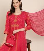 women's round neck ethnic motifs foil print coral anarkali kurta and trouser with dupatta