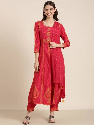 women's round neck ethnic motifs foil print coral anarkali kurta and trouser with dupatta 2