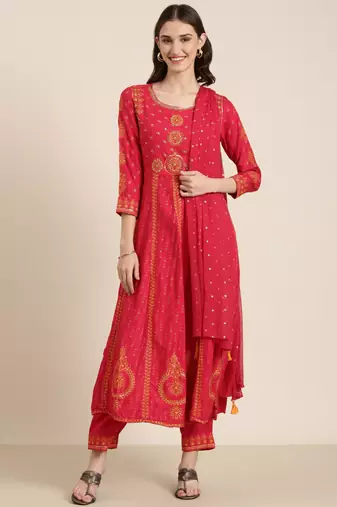women's round neck ethnic motifs foil print coral anarkali kurta and trouser with dupatta