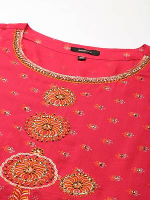 women's round neck ethnic motifs foil print coral anarkali kurta and trouser with dupatta 3