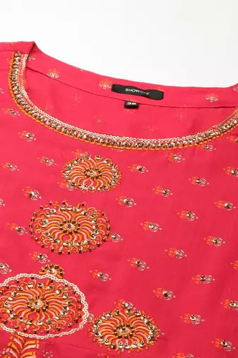 women's round neck ethnic motifs foil print coral anarkali kurta and trouser with dupatta