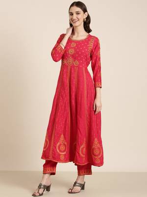 women's round neck ethnic motifs foil print coral anarkali kurta and trouser with dupatta 4