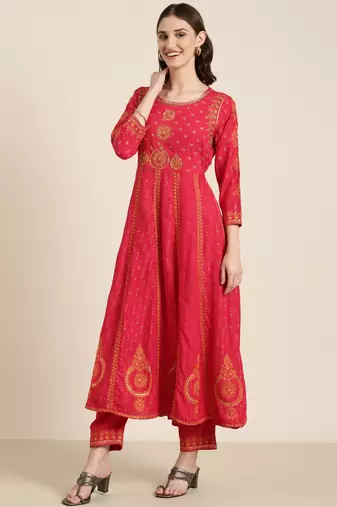 women's round neck ethnic motifs foil print coral anarkali kurta and trouser with dupatta