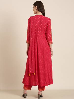women's round neck ethnic motifs foil print coral anarkali kurta and trouser with dupatta 5
