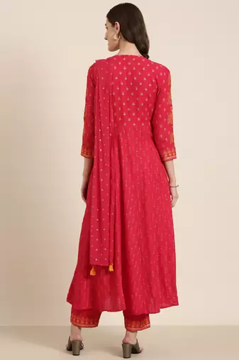 women's round neck ethnic motifs foil print coral anarkali kurta and trouser with dupatta