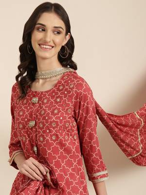 women's round neck geometric coral straight kurta and palazzos with dupatta 1