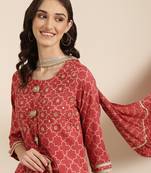 women's round neck geometric coral straight kurta and palazzos with dupatta