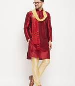 men's maroon and gold silk blend kurta, pyjama & dupatta set