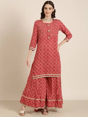 women's round neck geometric coral straight kurta and palazzos with dupatta 2