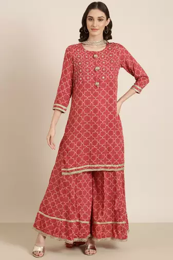 women's round neck geometric coral straight kurta and palazzos with dupatta