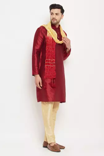  maroon and gold silk blend kurta, pyjama & dupatta set