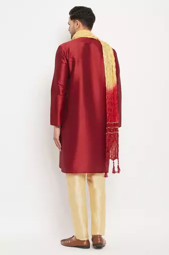  maroon and gold silk blend kurta, pyjama & dupatta set