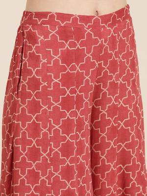 women's round neck geometric coral straight kurta and palazzos with dupatta 4