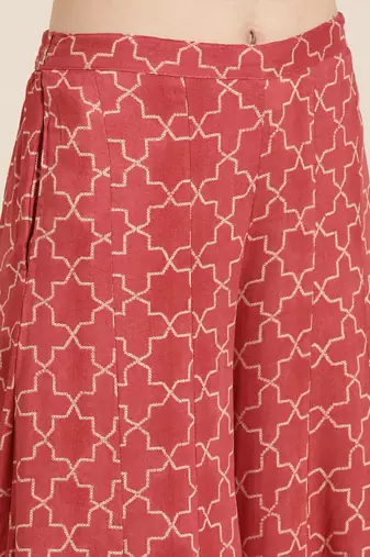 women's round neck geometric coral straight kurta and palazzos with dupatta