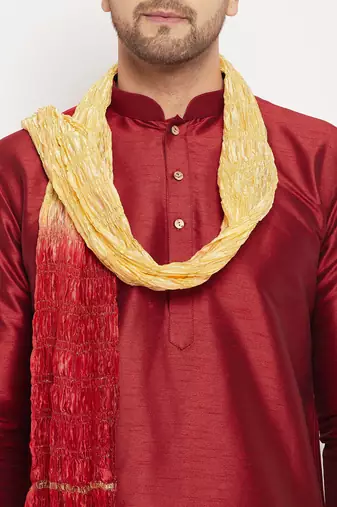  maroon and gold silk blend kurta, pyjama & dupatta set