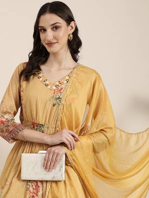 women's v-neck floral mustard anarkali kurta and trouser with dupatta 1