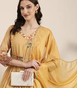 women's v-neck floral mustard anarkali kurta and trouser with dupatta