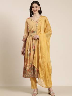 women's v-neck floral mustard anarkali kurta and trouser with dupatta 2