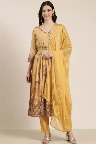 women's v-neck floral mustard anarkali kurta and trouser with dupatta