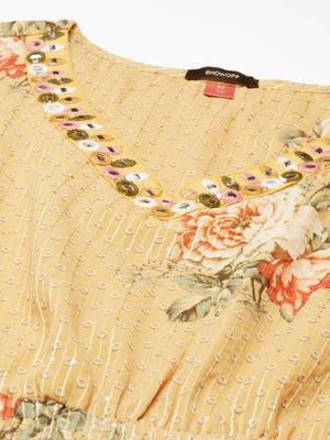 women's v-neck floral mustard anarkali kurta and trouser with dupatta 3
