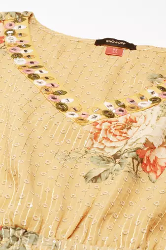 women's v-neck floral mustard anarkali kurta and trouser with dupatta