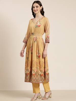 women's v-neck floral mustard anarkali kurta and trouser with dupatta 4