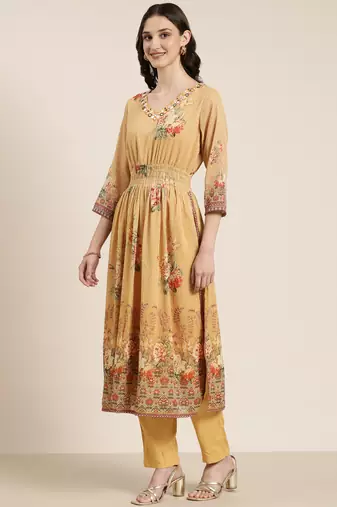 women's v-neck floral mustard anarkali kurta and trouser with dupatta