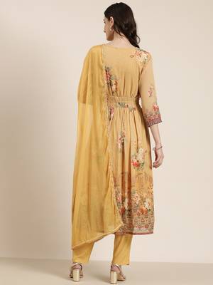 women's v-neck floral mustard anarkali kurta and trouser with dupatta 5