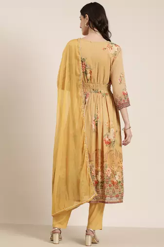 women's v-neck floral mustard anarkali kurta and trouser with dupatta