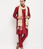 men's maroon silk blend kurta, pyjama & dupatta set