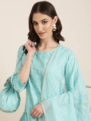 women's round neck paisley foil print turquoise blue straight kurta and sharara with dupatta 1