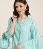 women's round neck paisley foil print turquoise blue straight kurta and sharara with dupatta