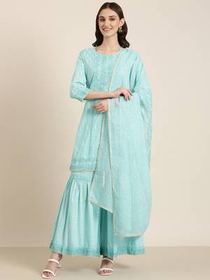 women's round neck paisley foil print turquoise blue straight kurta and sharara with dupatta 2