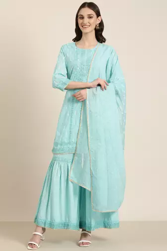 women's round neck paisley foil print turquoise blue straight kurta and sharara with dupatta