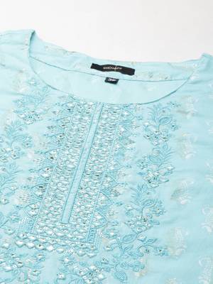 women's round neck paisley foil print turquoise blue straight kurta and sharara with dupatta 3