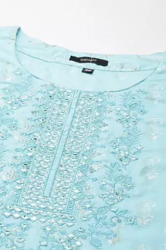 women's round neck paisley foil print turquoise blue straight kurta and sharara with dupatta