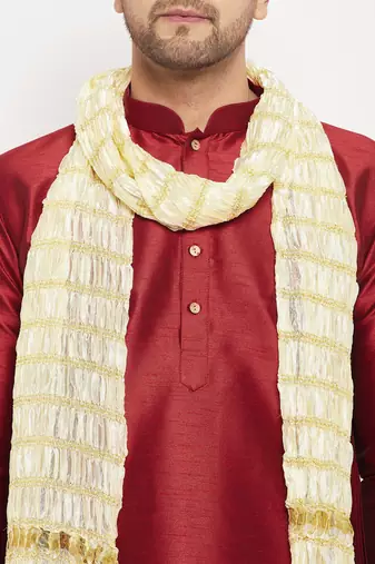  men's maroon silk blend kurta, pyjama & dupatta set