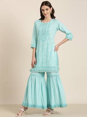 women's round neck paisley foil print turquoise blue straight kurta and sharara with dupatta 4
