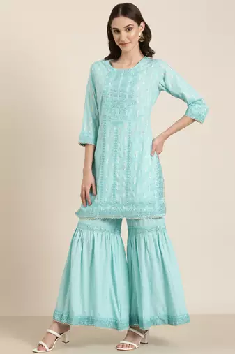 women's round neck paisley foil print turquoise blue straight kurta and sharara with dupatta
