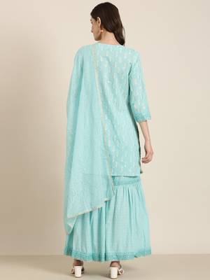 women's round neck paisley foil print turquoise blue straight kurta and sharara with dupatta 5
