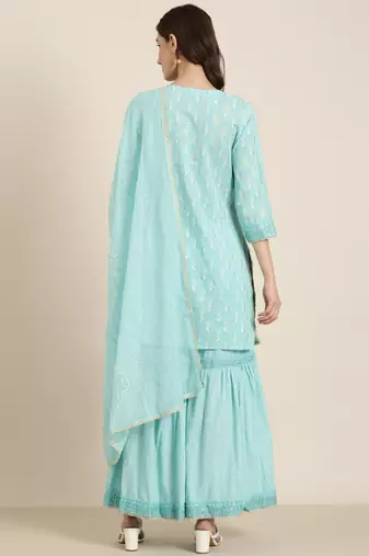 women's round neck paisley foil print turquoise blue straight kurta and sharara with dupatta