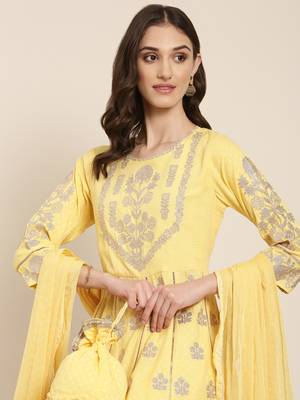 women's round neck floral foil print yellow anarkali kurta and trouser with dupatta 1