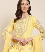 women's round neck floral foil print yellow anarkali kurta and trouser with dupatta